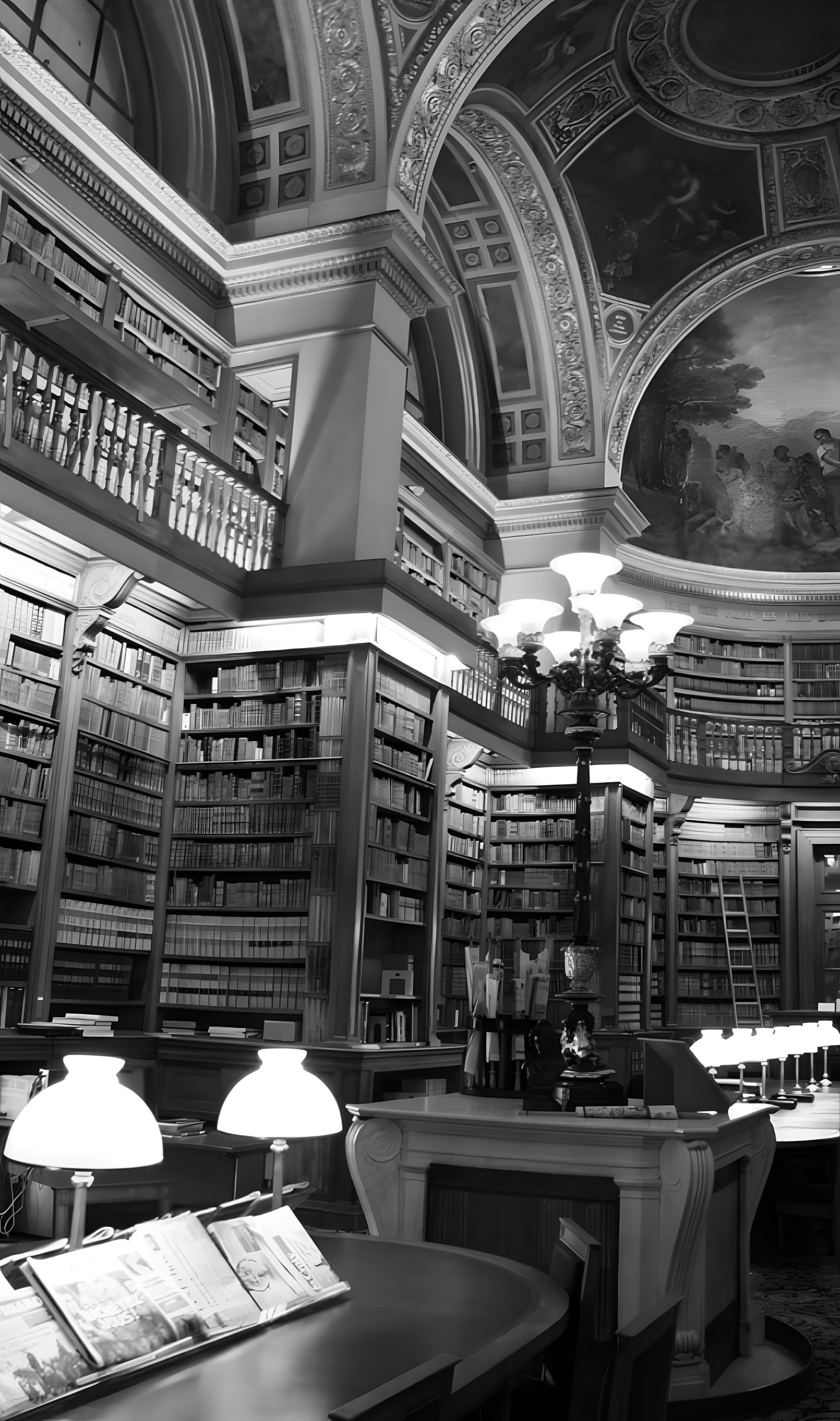 A domed library with galleries of books and reading lamps