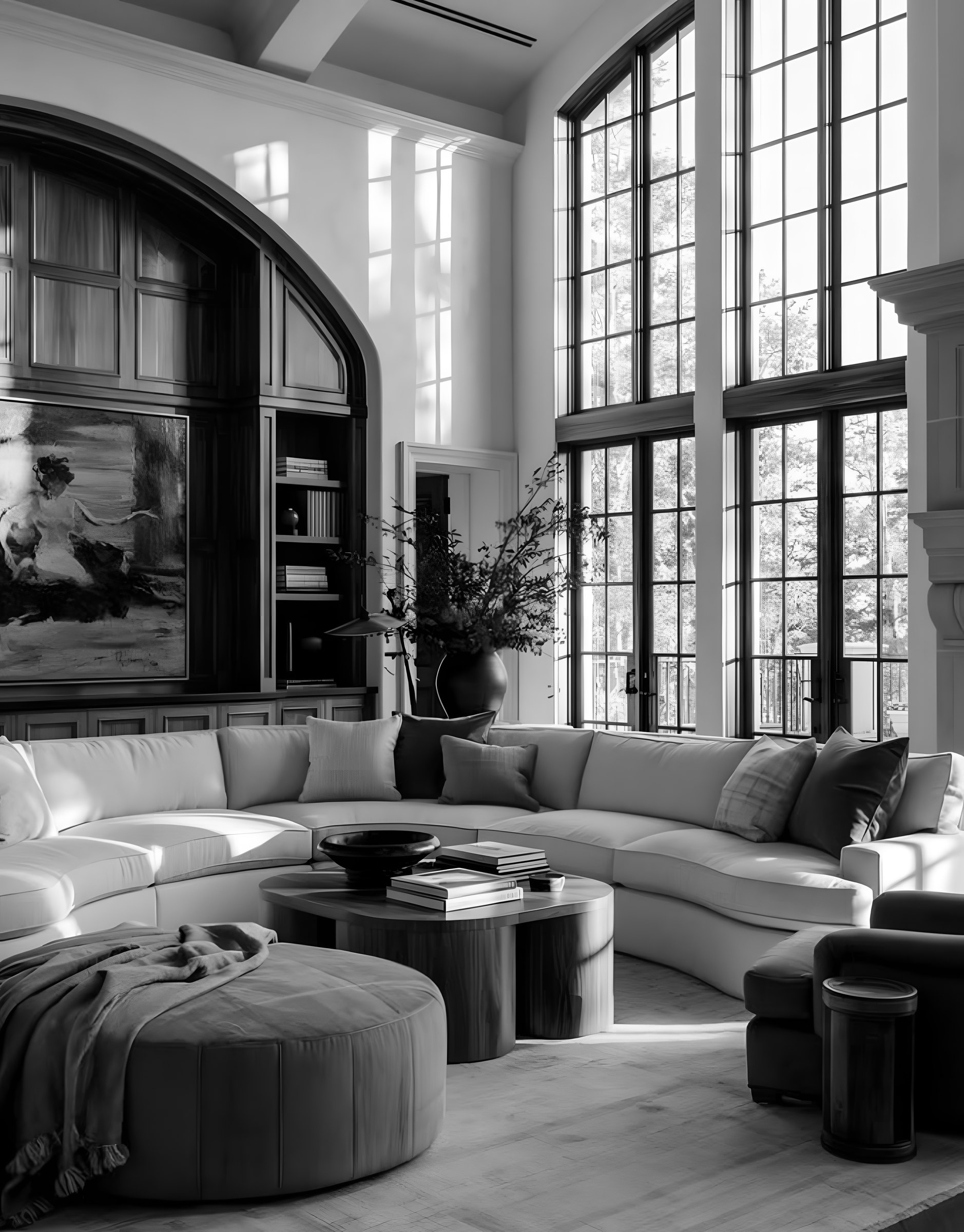 A tall sunlit lounge with a curved sofa and a wall of windows