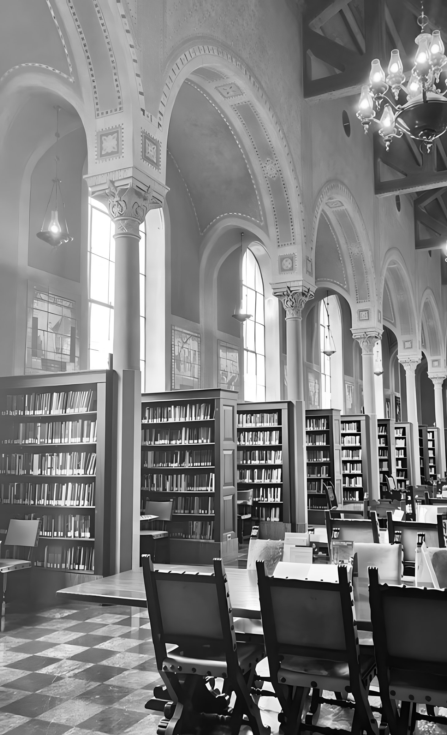 An arched reading room with tall windows, bookcases and long tables