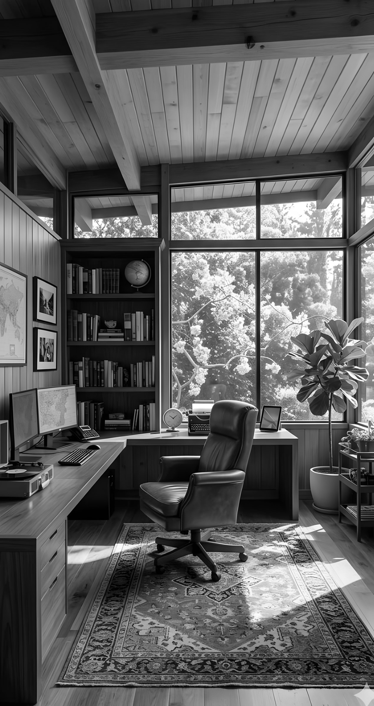A wooden study with a desk, a leather chair and a window onto blossom