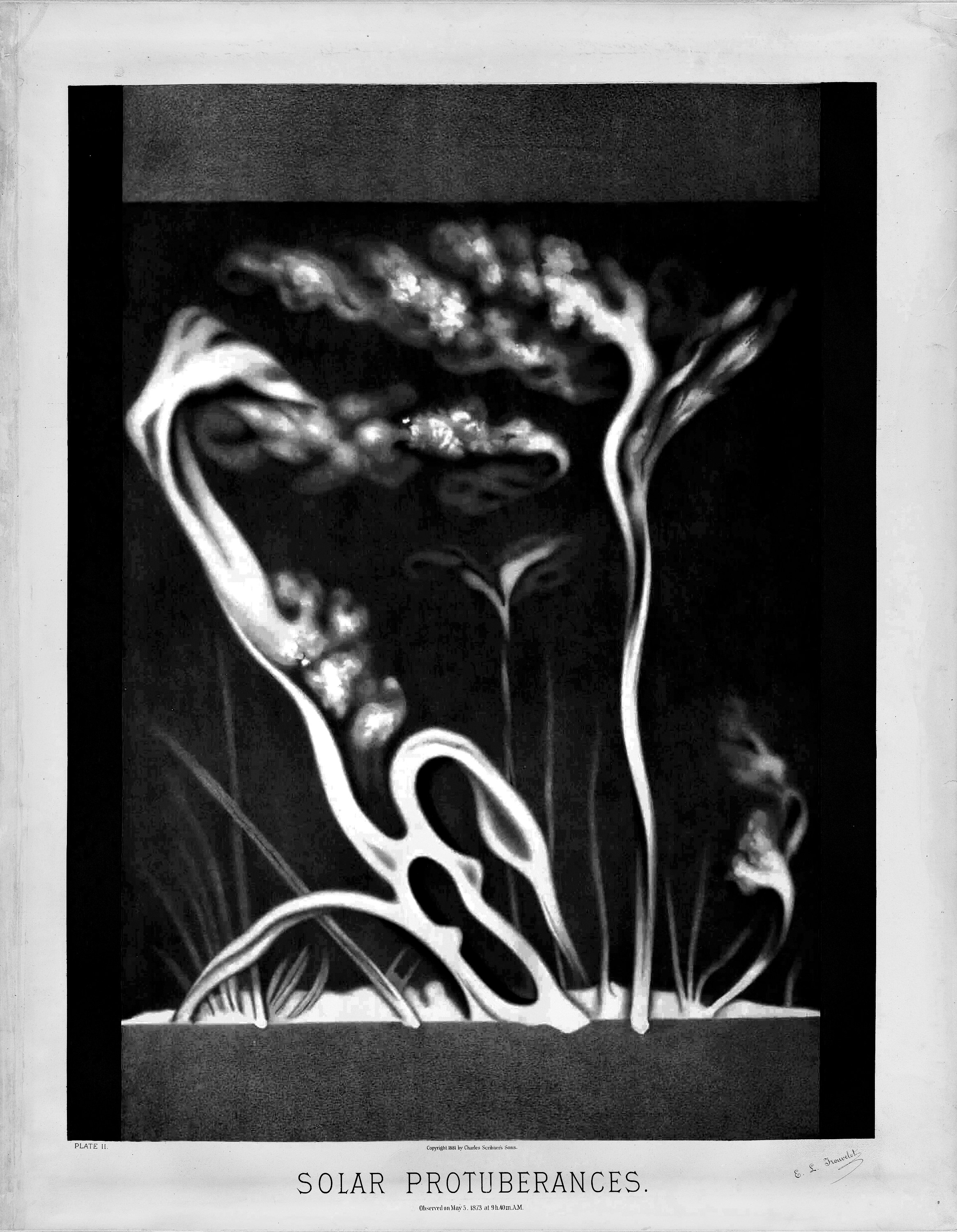 Trouvelot's drawing of flames of gas leaping from the edge of the sun